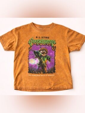 Kids Goosebumps Distressed Orange Graphic T-Shirt “scarecrow walks at midnight”